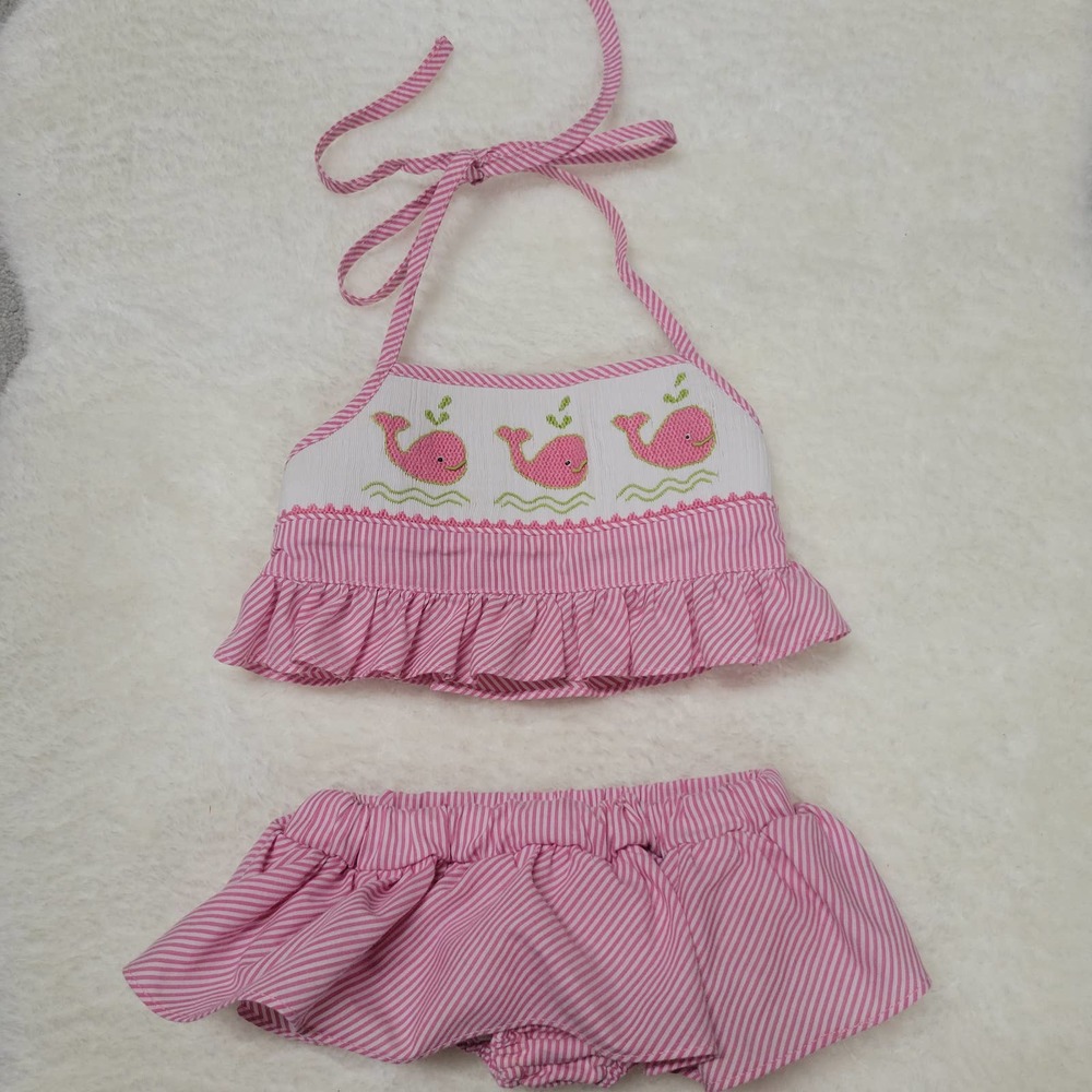 Banana Split Pink White Smocked Two-piece Swimsuit GIrls